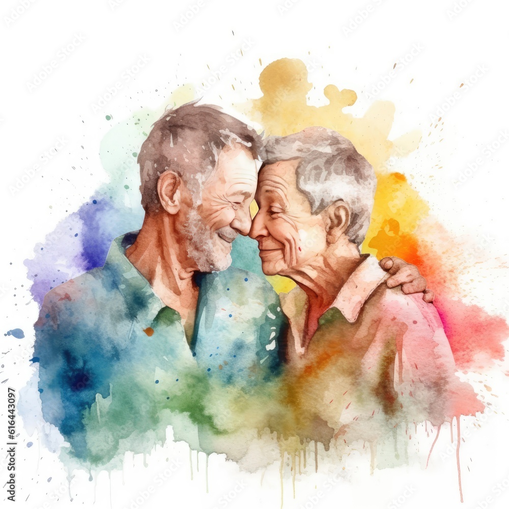 Watercolor painting of lovers in their 60s