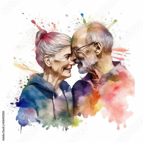Watercolor painting of lovers in their 60s
