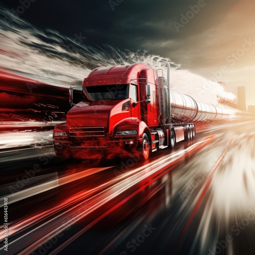 Futuristic fuel truck driving at high speed on a freeway on a colorful background