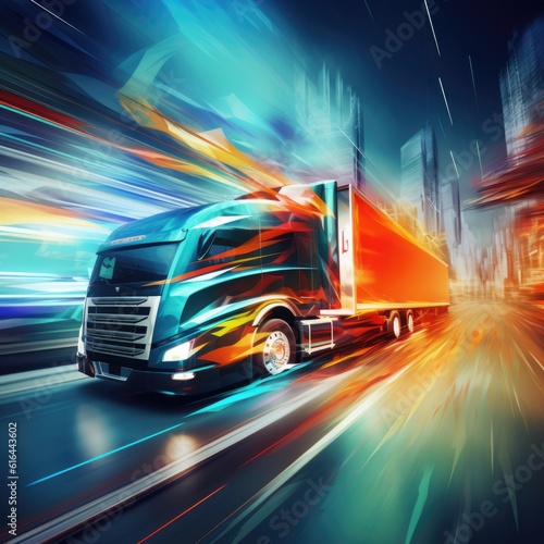 A futuristic truck drives at high speed on a freeway on a colorful background