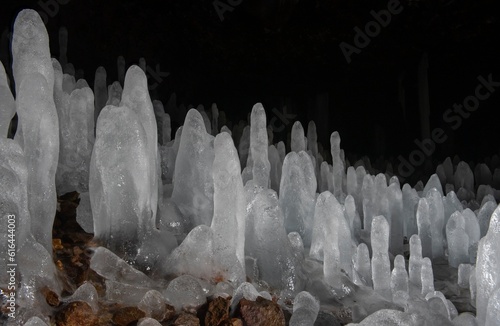 Russia. Kuril Islands. Cave with numerous ice stalagmites on the island of Iturup. During the time of the possession of the islands by Japan until 1945, a military hospital was located in these caves.