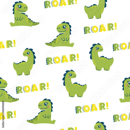 Bright vector seamless pattern. Cute dinosaurs. Lettering Roar 