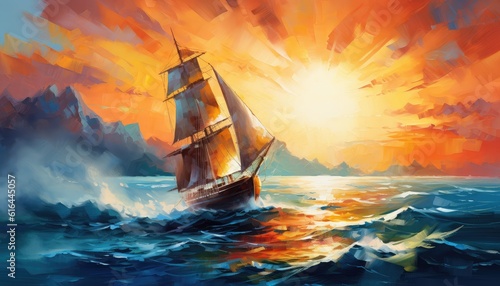 sailboat gliding across the water in a mesmerizing watercolor paintin photo
