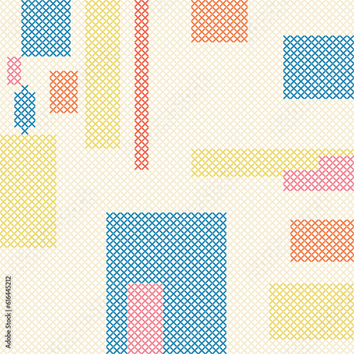 Cross stitch geometry with rectangles in blue pink yellow orange