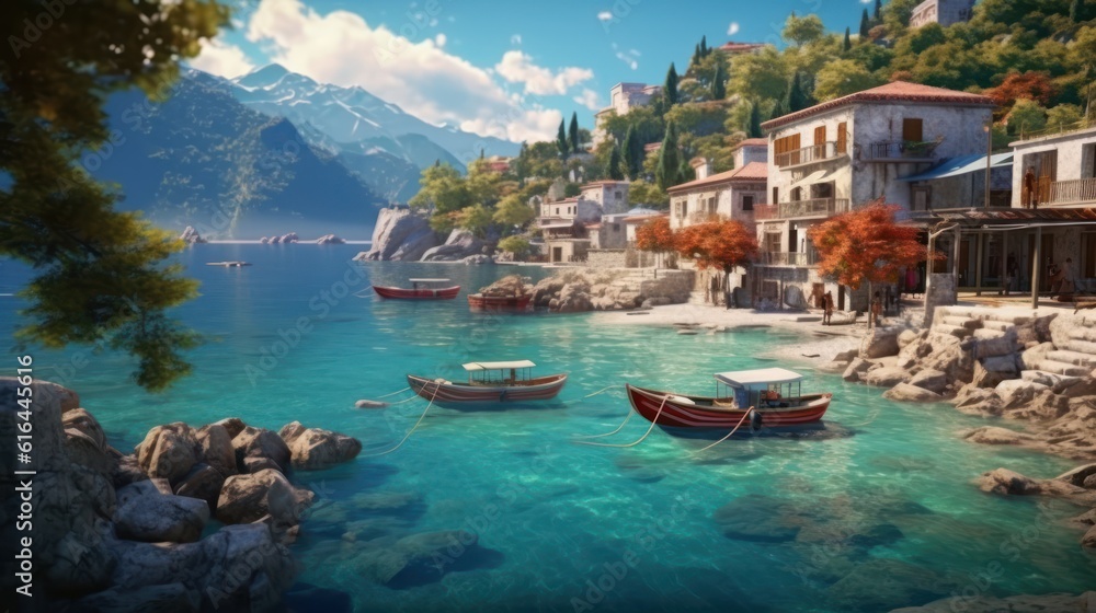 A mountain village located by the sea, surrounded by turquoise waters. It reflects a peaceful life in a natural and idyllic atmosphere. Created with Generative AI.