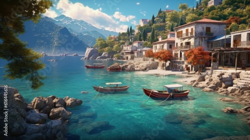A mountain village located by the sea, surrounded by turquoise waters. It reflects a peaceful life in a natural and idyllic atmosphere. Created with Generative AI.