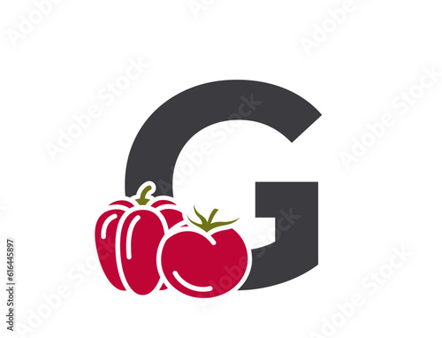 letter g with tomato and bell pepper. creative vegetable and organic food alphabet logo. harvest and agriculture design