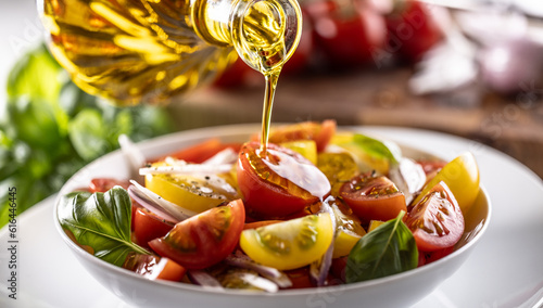 Olive oil is pouring on fresh tomato salad mixed with red onion