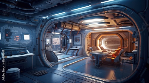 A scene in a VR game where a user is in a spaceship. It shows the future potential of adventures and exploration in outer space. Created with Generative AI. © DreamPointArt