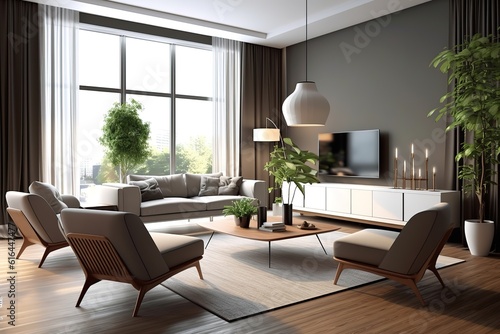 Stylish living room interior with comfortable green sofa Generative AI