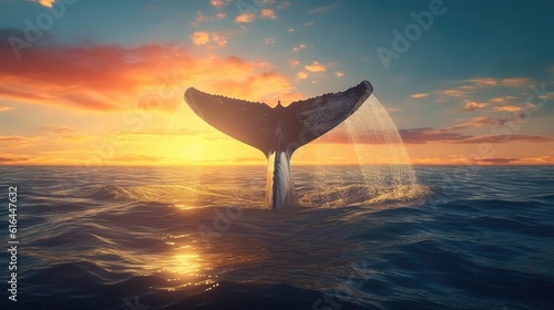 tail of a whale emerges from the glistening waves