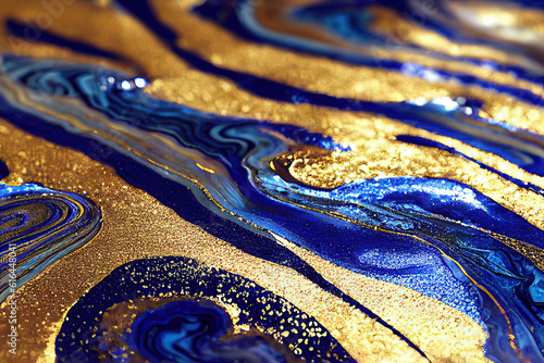 Blue and golden acrylic liquid ink swirl abstract background with ravishing turbulence wavy pattern and detailed texture. Luxury fluid liquid art by Generative AI.