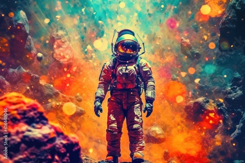 An astronaut, adorned in a vibrant spacesuit, stands in awe amidst a kaleidoscope of vivid colors