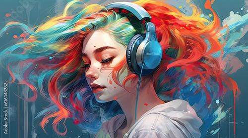  girl with colorful hair and headphones. Digital artwork painting. Generative AI. 