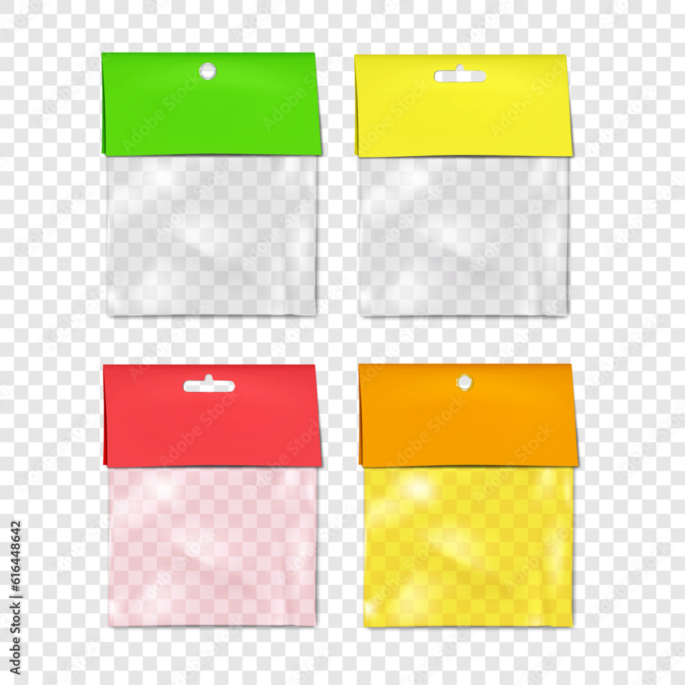 Fototapeta premium Empty square clear plastic pouch bag with blank paper top and hanging hole slot mockup. Transparent nylon package mock-up. Color set. Easy editable vector illustration