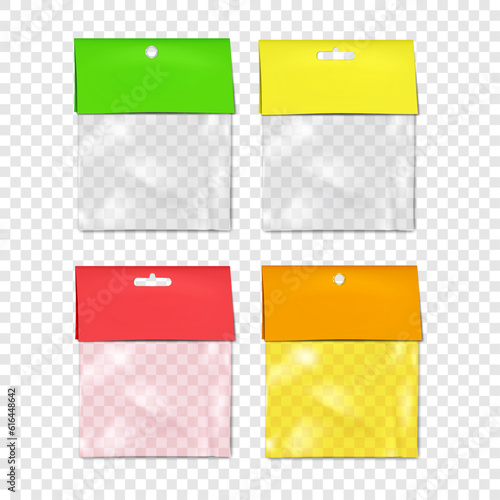 Empty square clear plastic pouch bag with blank paper top and hanging hole slot mockup. Transparent nylon package mock-up. Color set. Easy editable vector illustration