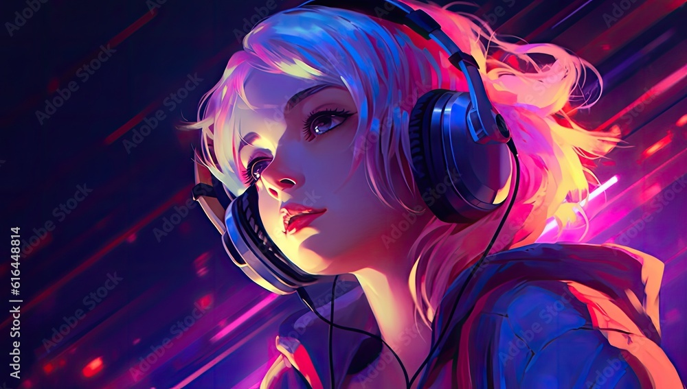 Fototapeta premium With her eyes closed and headphones on, an anime girl becomes one with the music. Digital artwork. Generative AI.