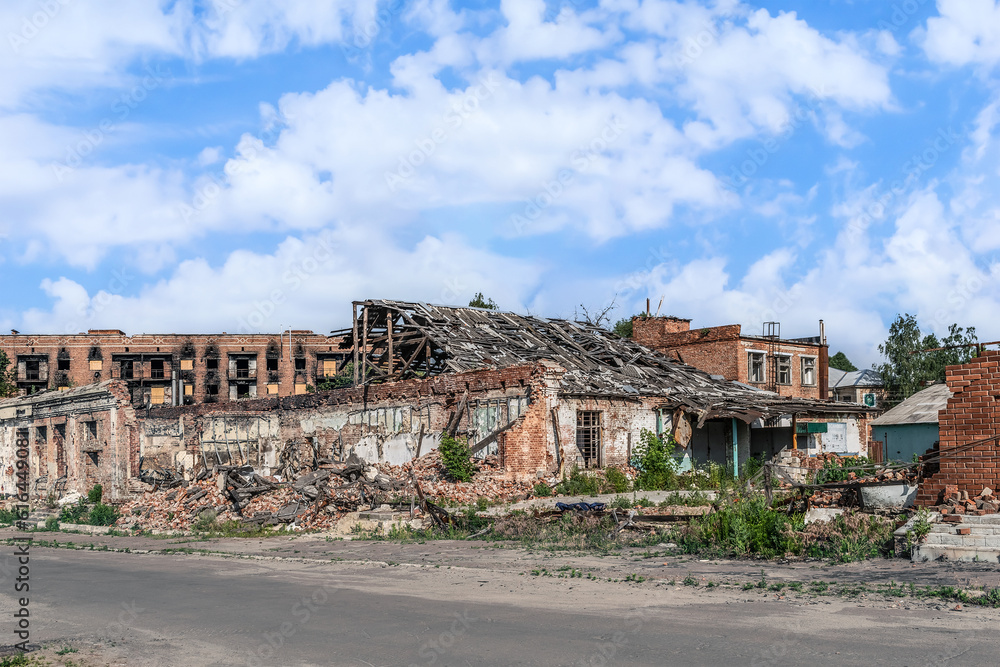 Ruins of blown up and bombed buildings in Trostyanets, Sumy region, Ukraine, June 18, 2023. Destroyed and burnt down after shelling houses. The result of the russian terrorist war