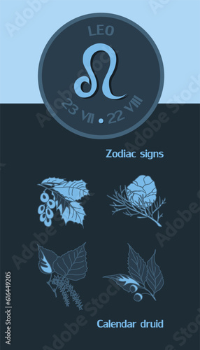 Zodiac sign Leo from July 23 to August 22. Horoscope logo on a blue background. Druid calendar: elm, cypress, poplar, hackberry.