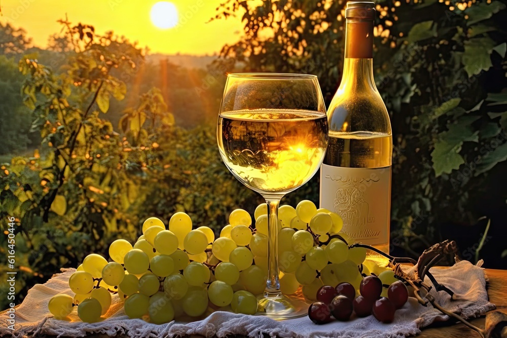Naklejka premium vineyard at sunset with white wine and grapes