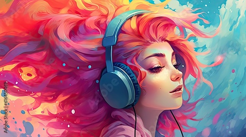 Abstract art digital painting of a young girl with colorful hair and wearing headphones. Digital artwork created with generative AI. 