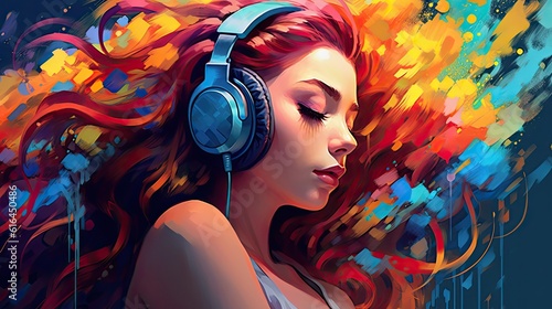 Abstract art digital painting of a young girl with colorful hair and wearing headphones. Digital artwork created with generative AI. 