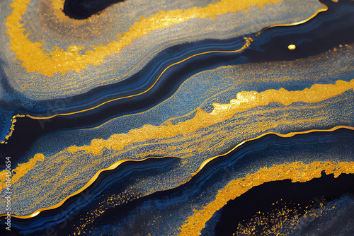 Blue and golden acrylic liquid ink swirl abstract background with ravishing turbulence wavy pattern and detailed texture. Luxury fluid liquid art by Generative AI.