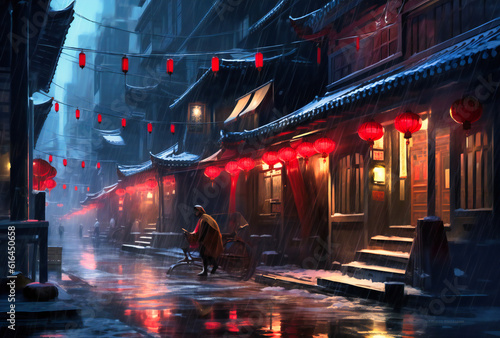 an asian street at night