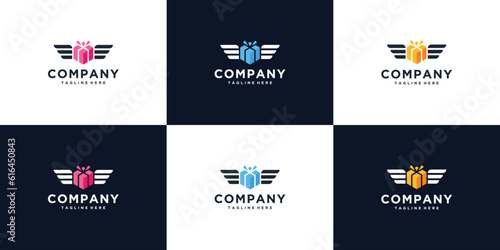Gift box package delivery logo icon with flying wings