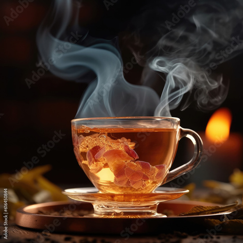 Cup of hot tea and tea leaf on the wooden table.