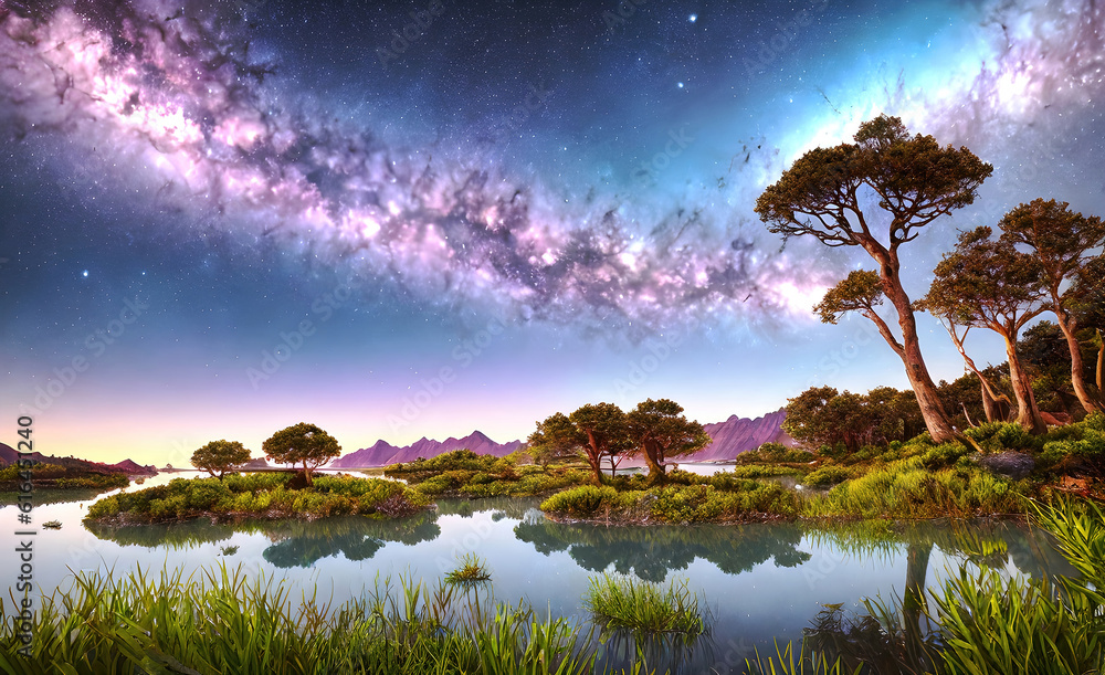 Naklejka premium Landscape of an alien planet, view of another planet with fantastic trees, science fiction background. Generative Ai.