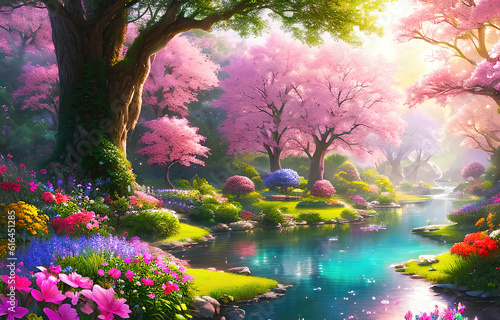 Paradise land with beautiful  gardens  waterfalls and flowers  magical idyllic background with many flowers in eden. Generative Ai.