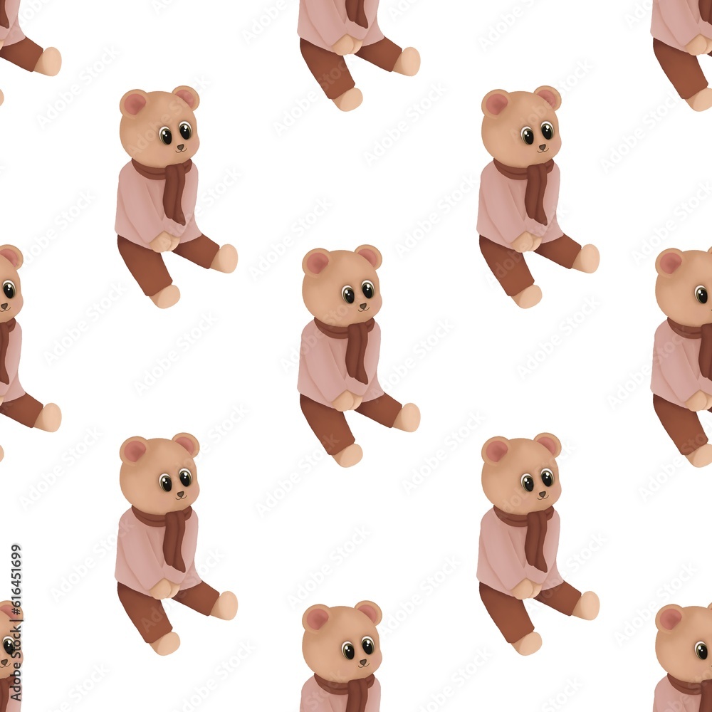 Seamless pattern with teddy bear,Hand drawn winter illustration isolated on white background.