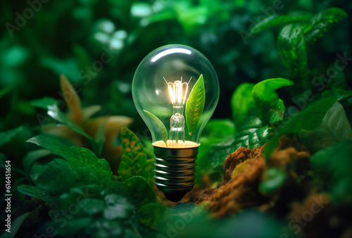 green light bulb in a green leafy background