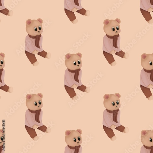 Seamless pattern with teddy bear,Hand drawn winter illustration isolated on beige background.