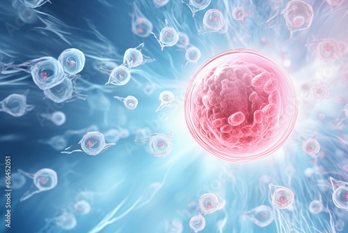 Beautiful stem cell generated with AI, 3D rendering ,microscope. Perfect template for you powerpoint, linkedin post, website, portfolio deck (Generated with AI)