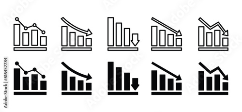 Chart decrease icon set. Marketing or business chart with arrow. Data analytics, profit, progress bar, benefits, businessman, bar diagram icons symbol. Vector illustration