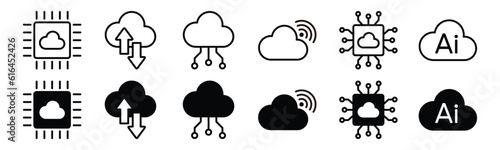 Cloud tech icon set. Technology, digital, wifi, ai, internet, circuit, cyber icon symbol in line and flat style on white background with editable stroke for apps and websites. Vector illustration