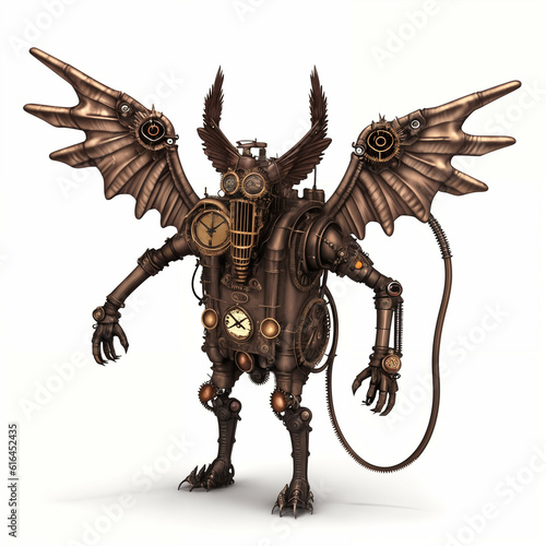 Mechanical Monster with horns and wings. Steampunk style. Isolated on white background. Generative AI.