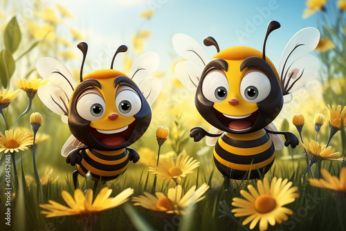 Two funny bees in a meadow among flowers.