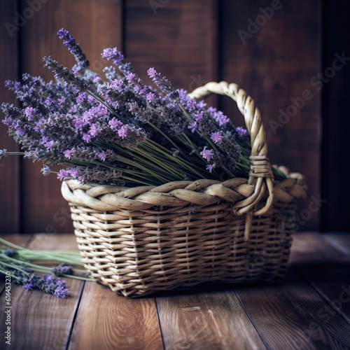 Wicker basket of freshly cut lavender flowers on a natural wooden