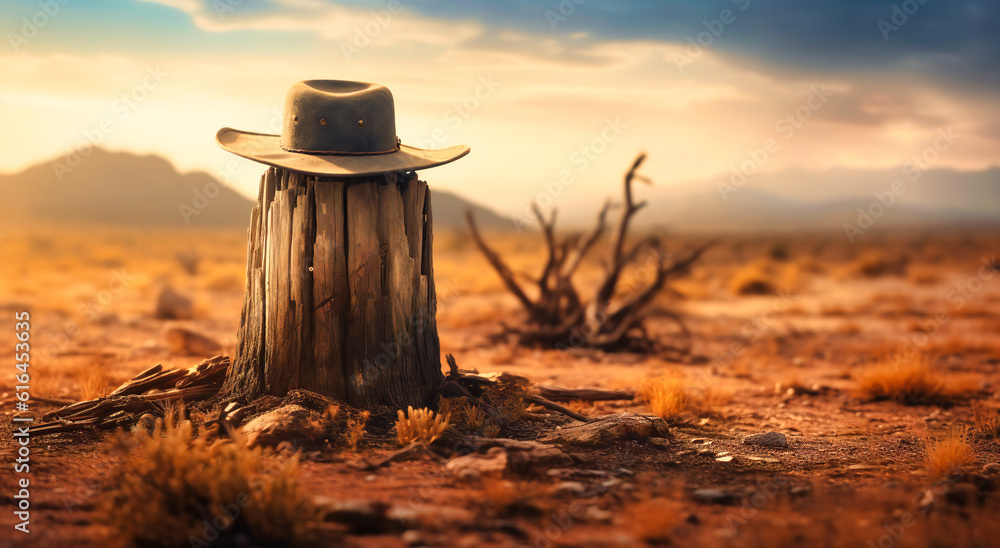a cowboy hat on wooden stump in the desert