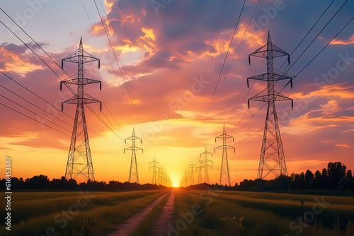 High voltage post High voltage tower sky sunset background. AI technology generated image