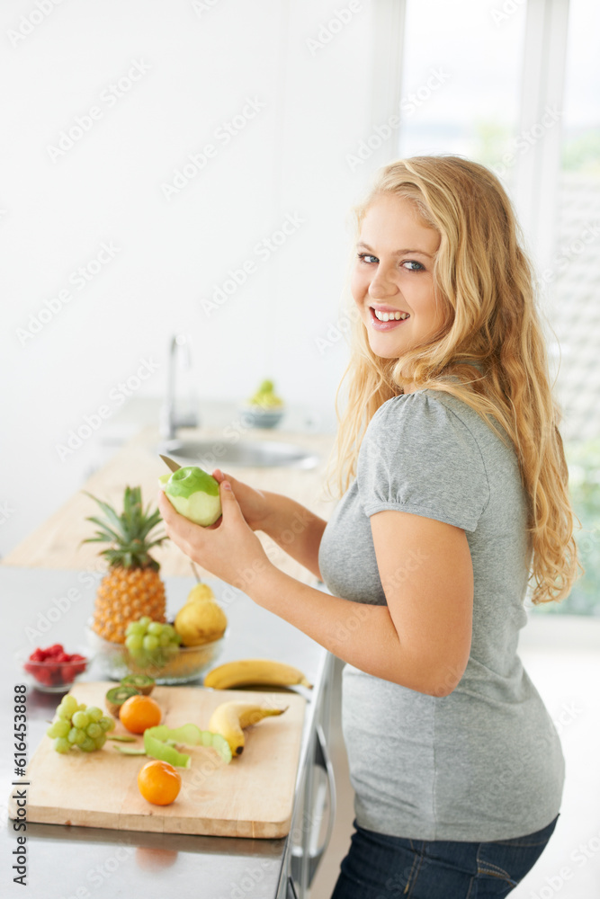 Fruit, peeling apple or portrait of woman with a morning snack, breakfast meal or diet in kitchen at home. Healthy lunch, plus size or happy girl eating food to lose weight for wellness or gut health Fruit, peeling apple or portrait of woman with a morning snack, breakfast meal or diet in kitchen at home. Healthy lunch, plus size or happy girl eating food to lose weight for wellness or gut health