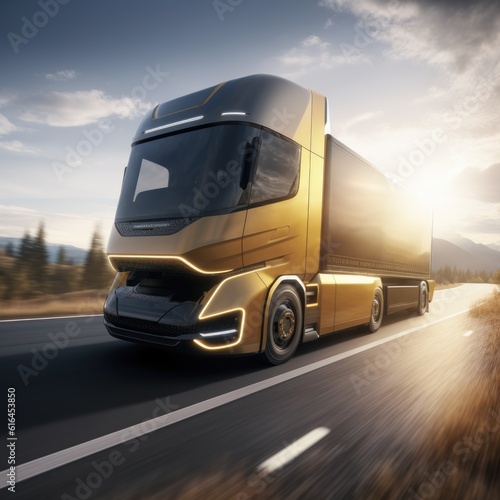 Futuristic Technology Concept: Autonomous Self-Driving Lorry Truck with Cargo Trailer Drives on the Road. © mirexon