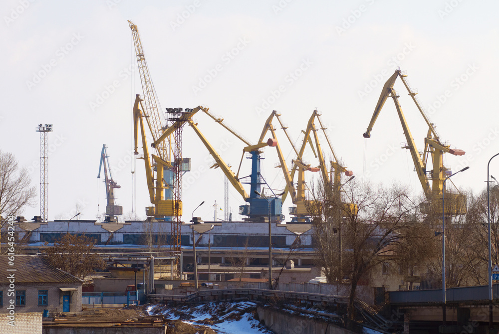 Harbor, port and crane for shipping, outdoor and buildings for industry, manufacturing and supply chain. Urban shipyard, machine and equipment for trade, export and infrastructure for distribution