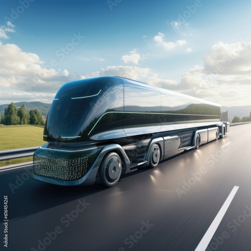 Futuristic Technology Concept: Autonomous Self-Driving Lorry Truck with Cargo Trailer Drives on the Road.