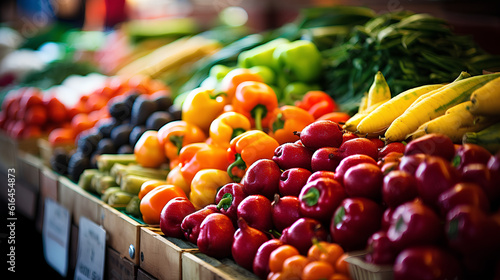 The counter of the vegetable farmer's market: colorful variety of fresh healthy vegetables in the grocery store. The concept of healthy natural nutrition. Generative AI.
