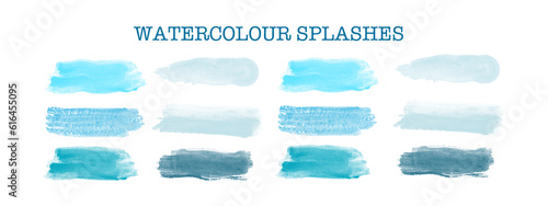 blue watercolour transparent splashes eps collection, clip art splashes vector set isolated on white background 