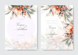 peach flower floral vector watercolor colorful wedding invitation card template set with golden floral decoration